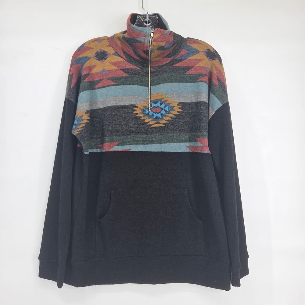 7th Ray Quarter Zip Pullover Large Black Southwestern Bohemian Western